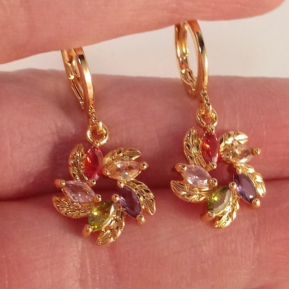 18K Yellow Gold Filled Flower Leaf Swirl Marquise Diamond Zircon Dangle Earrings - Picture 3 of 4